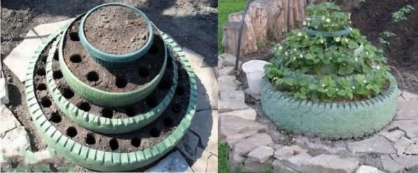 Flowerbed pyramid for strawberries from tires